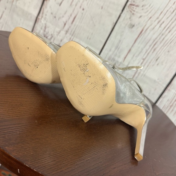 BCBGeneration Metallic Silver Open Toe Ankle Strapped Mesh side High Heels 7 GUC - Picture 7 of 16